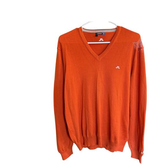 J Lindeberg Vneck Sweater Men's Orange 100% Merino Wool Preppy Prep XL Golf - Picture 1 of 10